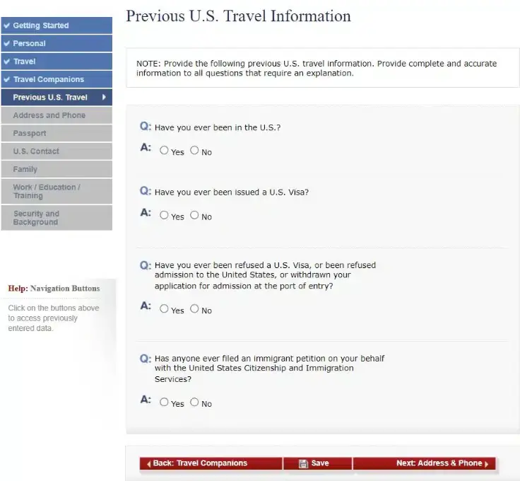 Página viagens anteriores para os EUA Formulário DS-160