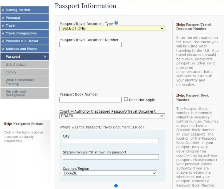 Página de informação de passaporte Formulário DS-160