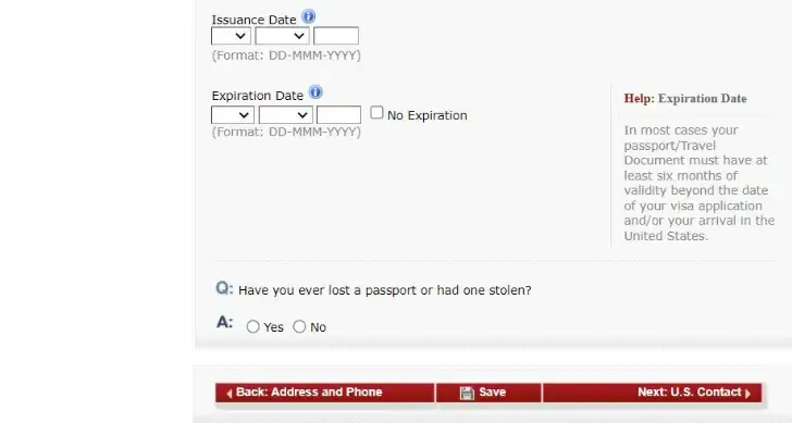 Página de informação de passaporte Formulário DS-160 continuação