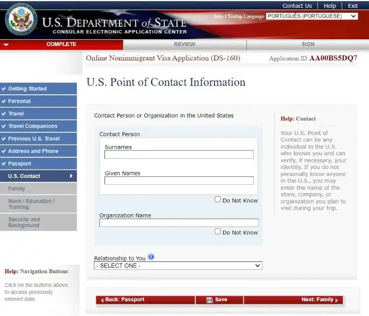 Página de contato nos EUA Formulário DS-160