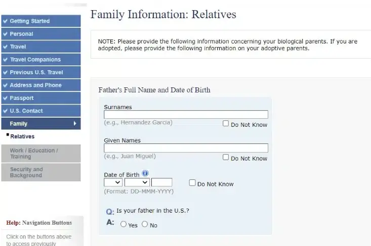 Página de informações familiares Formulário DS-160
