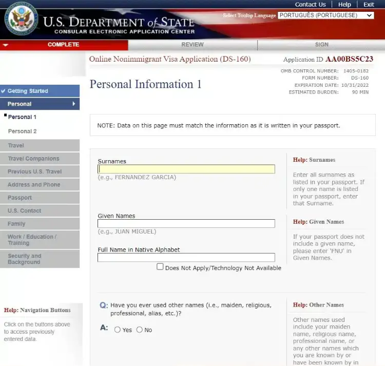 Página de dados pessoais parte 1 Formulário DS-160
