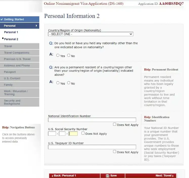 Página de dados pessoais parte 2 Formulário DS-160